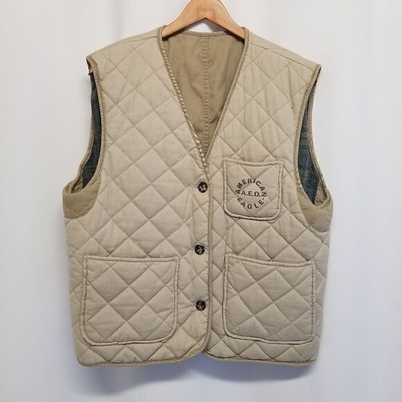 Vintage 90s y2k American Eagle Reversible Blue Plaid Khaki Vest Size Medium - Picture 5 of 9